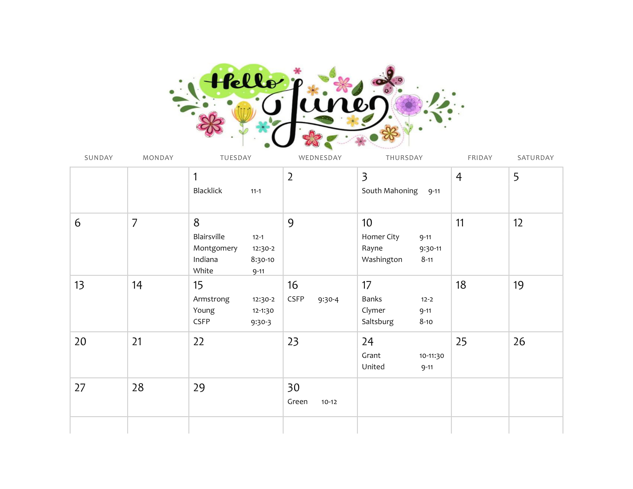 June 2021 Food Pantry Schedule